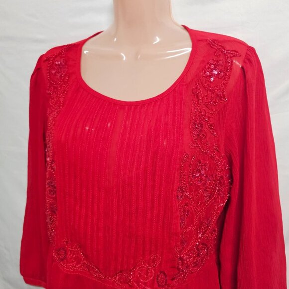 Maeve Anthropologie Embellished Top Blouse Women Size 12 Red Lined Chiffon - Picture 2 of 13